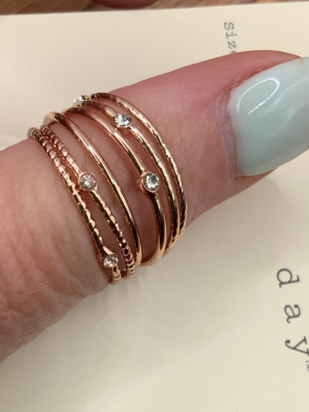 A.New Day Rose Gold Multi-Band Stack Ring with Crystal Stones Size 8